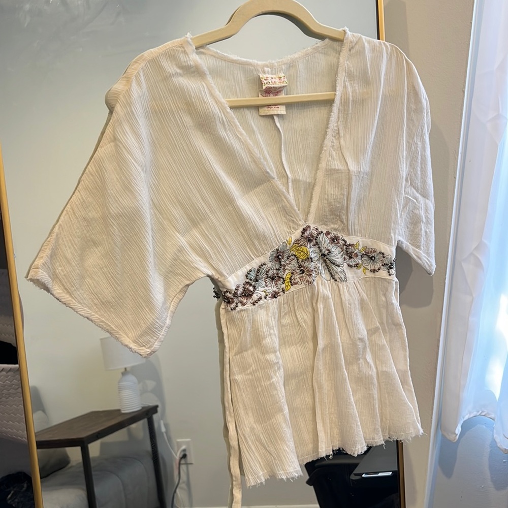 Free People Linen Flutter Sleeve Beaded Top 0